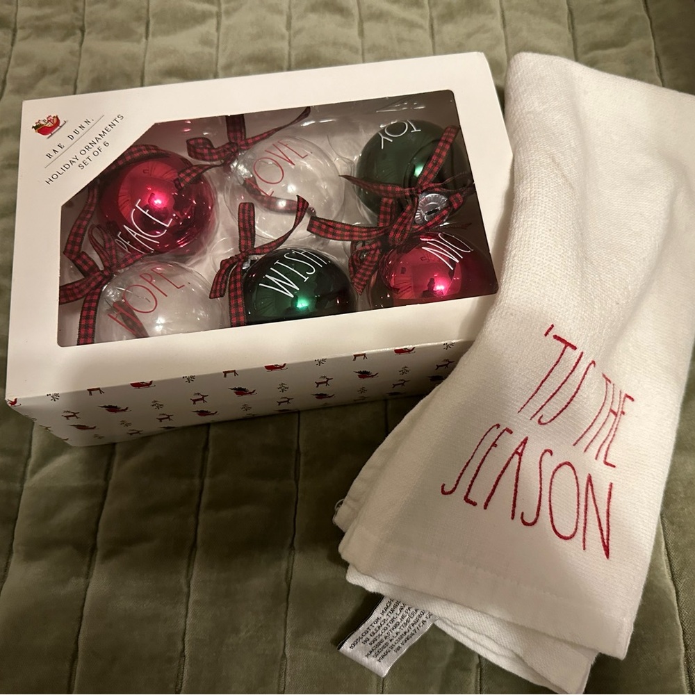 Rae Dunn Holiday Ornament Set with like new Tea-Towel